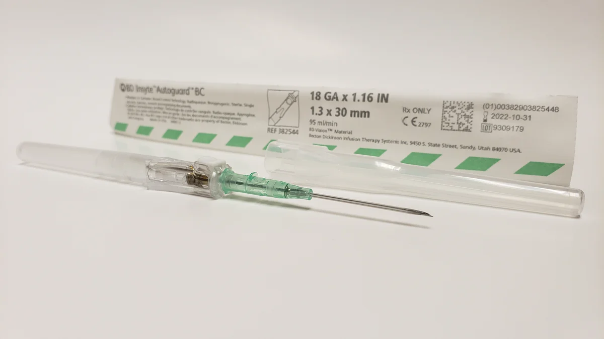 Close-up of intravenous catheter medical device